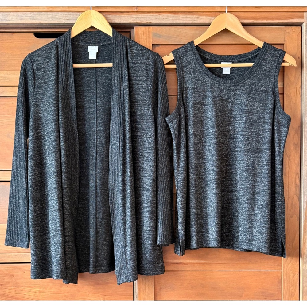 Chico's Sz 1 (8/10/M) Zenergy Cardigan Twinset Heathered Charcoal TWO PIECES‎